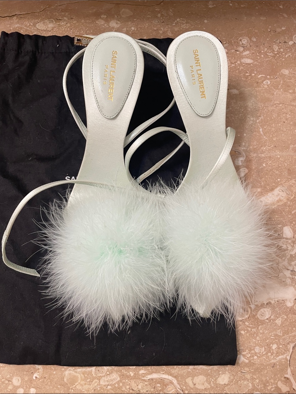 Saint Laurent Mint White Feather Pom-Pom Strappy Heels